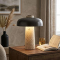LAMPADA DA TAVOLO IN TRAVERTINO NATURALE E METALLO NERO CON INTERRUTTORE TOUCH