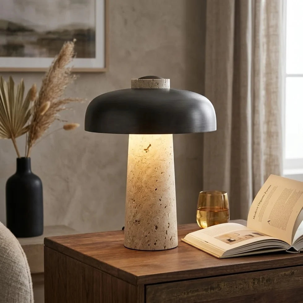 LAMPADA DA TAVOLO IN TRAVERTINO NATURALE E METALLO NERO CON INTERRUTTORE TOUCH