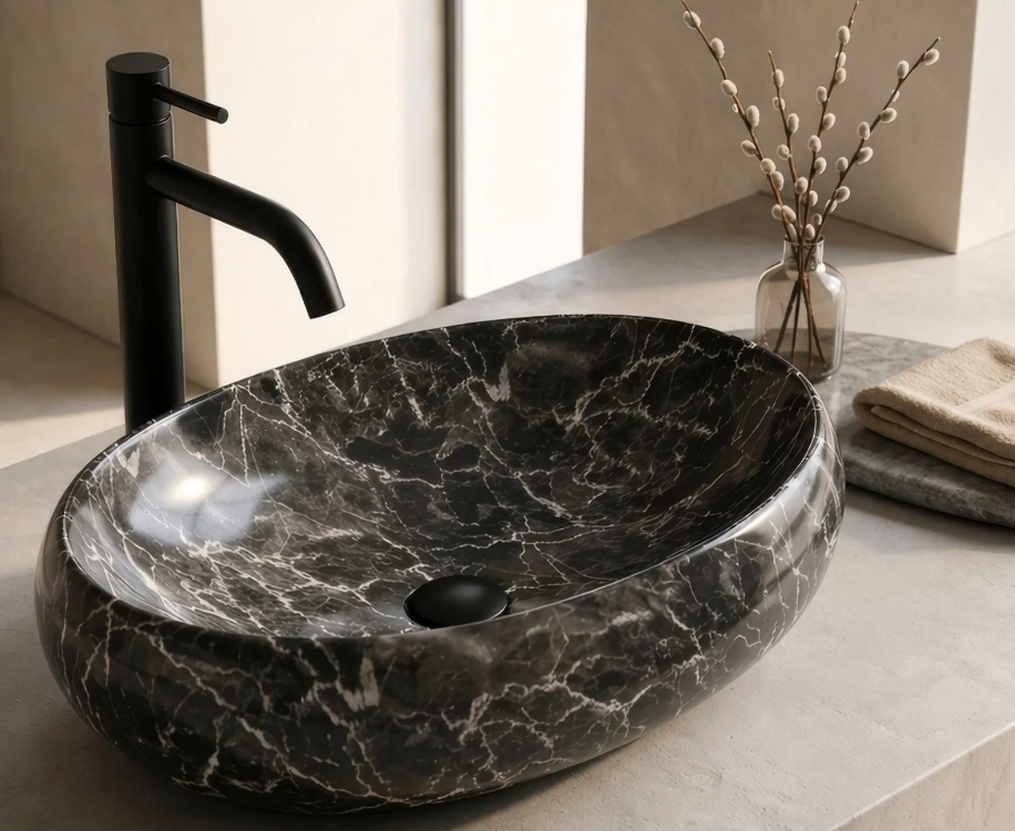 LAVABO DA APPOGGIO OVALE EFFETTO MARMO NERO 600 × 400 MM CON PILETTA