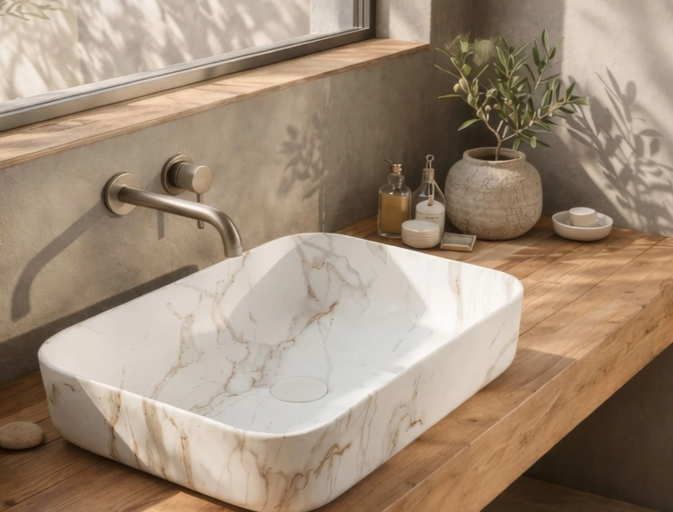 LAVABO DA APPOGGIO RETTANGOLARE CON ANGOLI ARROTONDATI BIANCO VENATO ORO 500 × 390 MM