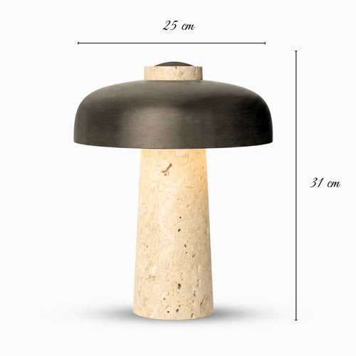 LAMPADA DA TAVOLO IN TRAVERTINO NATURALE E METALLO NERO CON INTERRUTTORE TOUCH