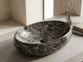 LAVABO DA APPOGGIO OVALE EFFETTO MARMO NERO 600 × 400 MM CON PILETTA