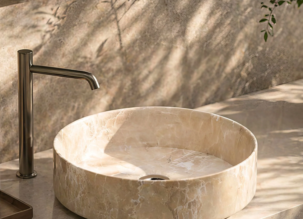 LAVABO DA APPOGGIO ROTONDO EFFETTO MARMO BEIGE 360 × 360 MM