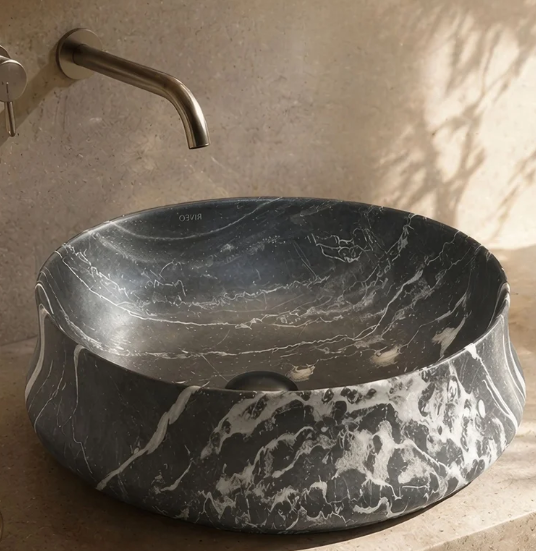 LAVABO DA APPOGGIO ROTONDO NERO CON VENATURE BIANCHE Ø 455 MM CON PILETTA