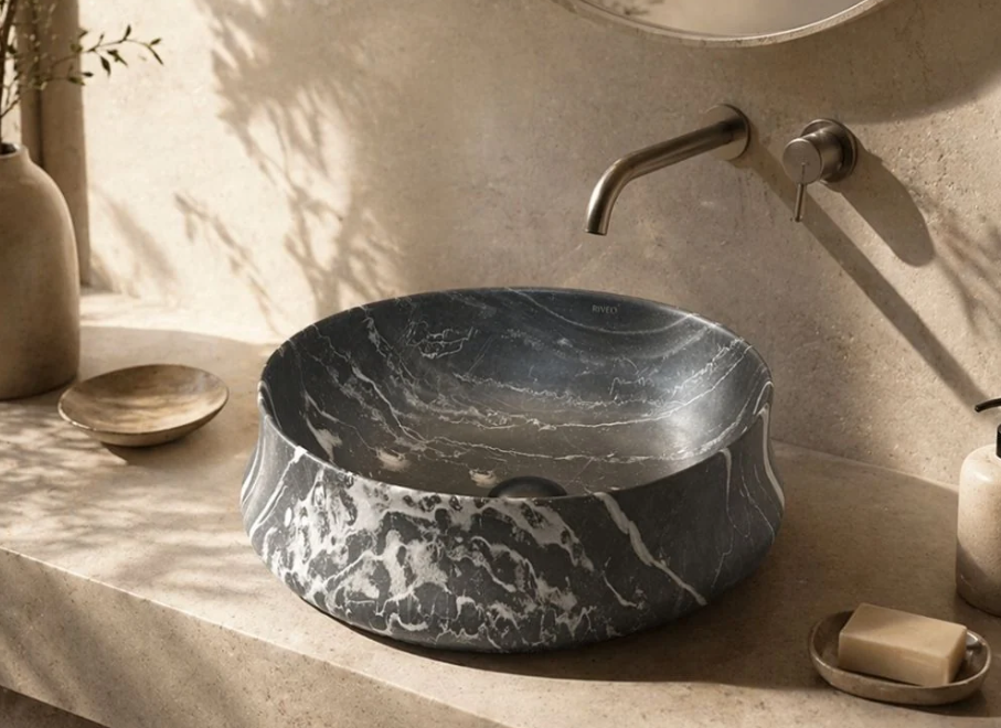 LAVABO DA APPOGGIO ROTONDO NERO CON VENATURE BIANCHE Ø 455 MM CON PILETTA
