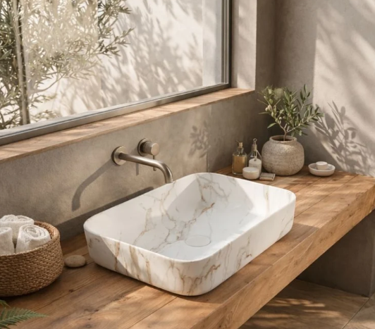 LAVABO DA APPOGGIO RETTANGOLARE CON ANGOLI ARROTONDATI BIANCO VENATO ORO 500 × 390 MM
