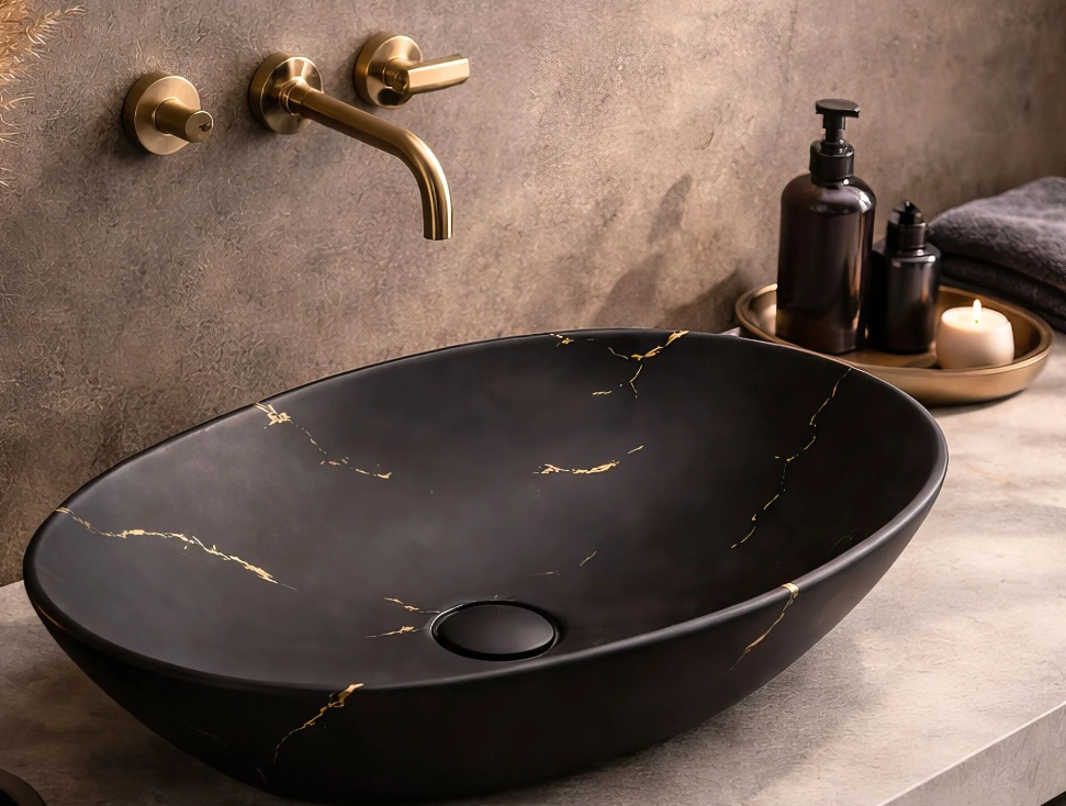LAVABO DA APPOGGIO OVALE NERO CON VENATURE DORATE 590 × 425 MM CON PILETTA
