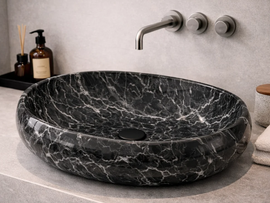 LAVABO DA APPOGGIO OVALE EFFETTO MARMO NERO 600 × 400 MM CON PILETTA