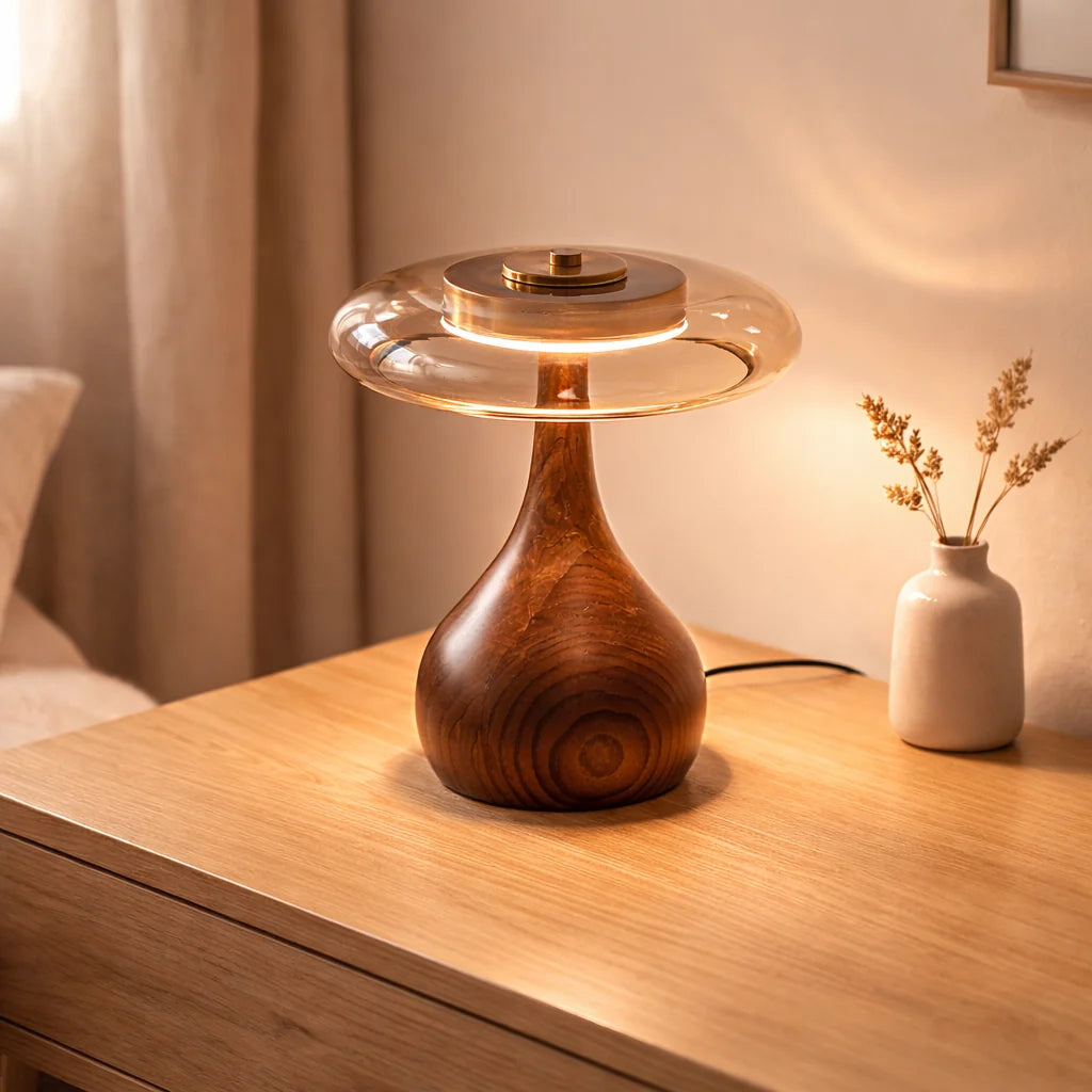 LAMPADA DA TAVOLO IN FRASSINO E VETRO COLOR COGNAC CON LED 12W REGOLABILE