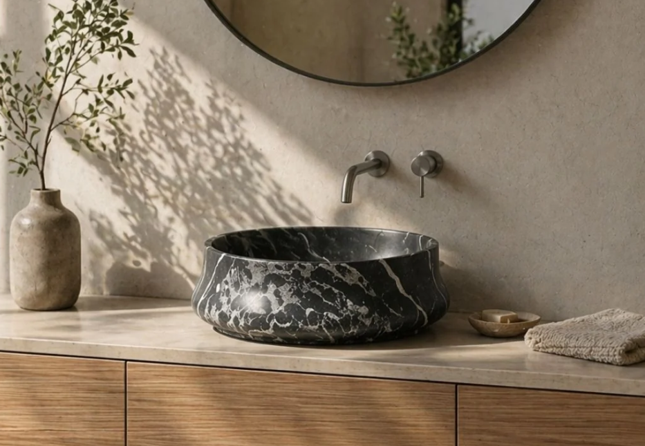 LAVABO DA APPOGGIO ROTONDO NERO CON VENATURE BIANCHE Ø 455 MM CON PILETTA