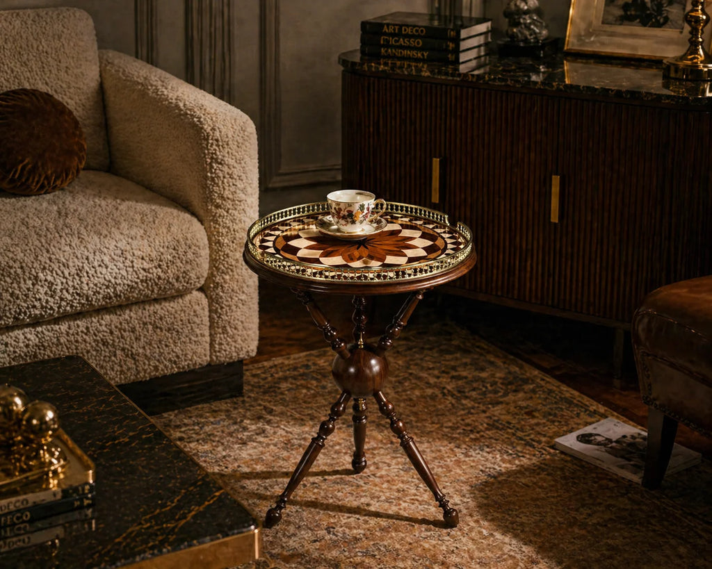 TAVOLINO IN NOCE CON PIANO IN INTARSIO ARTIGIANALE