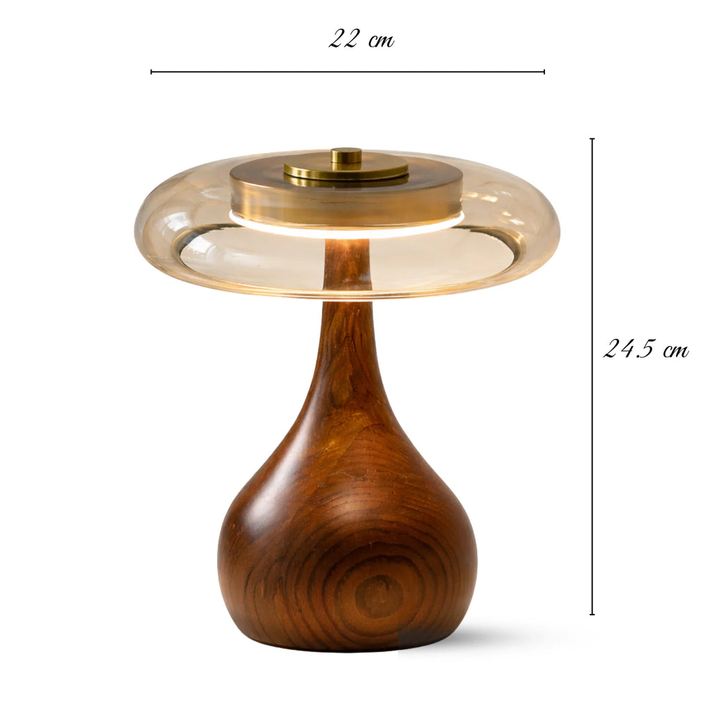 LAMPADA DA TAVOLO IN FRASSINO E VETRO COLOR COGNAC CON LED 12W REGOLABILE