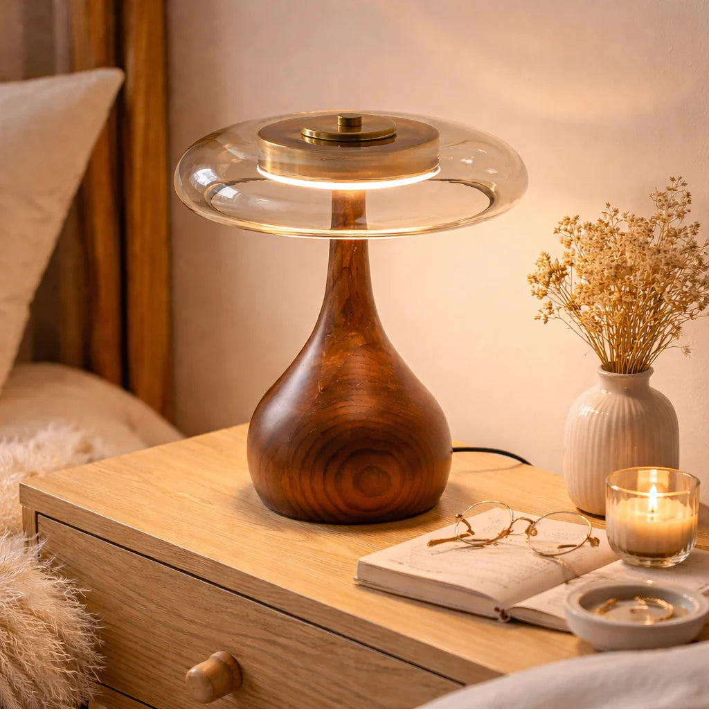 LAMPADA DA TAVOLO IN FRASSINO E VETRO COLOR COGNAC CON LED 12W REGOLABILE