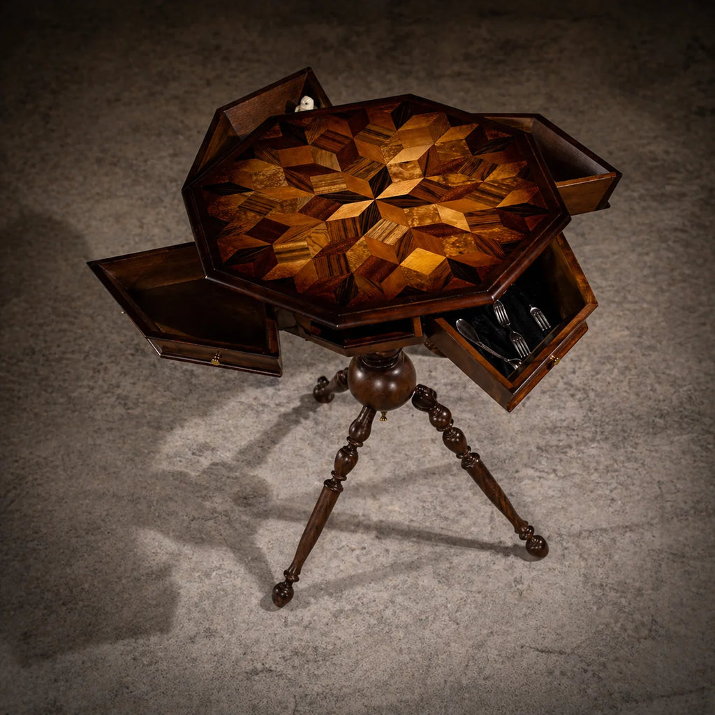 TAVOLO IN NOCE CON PIANO IN INTARSIO ARTIGIANALE